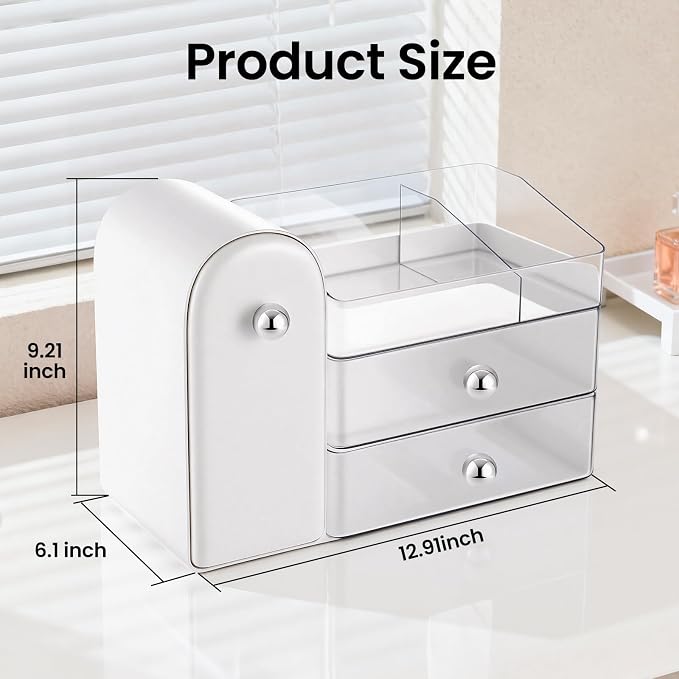 Makeup Organizer,Vanity Organizer with Makeup Brush Holder,White | Waterproof,Dustproof,Clear Drawer,Large Capacity,Storage Lipstick,Perfumes,Skincare for Dresser,Bathroom Countertop,Desk,Gift