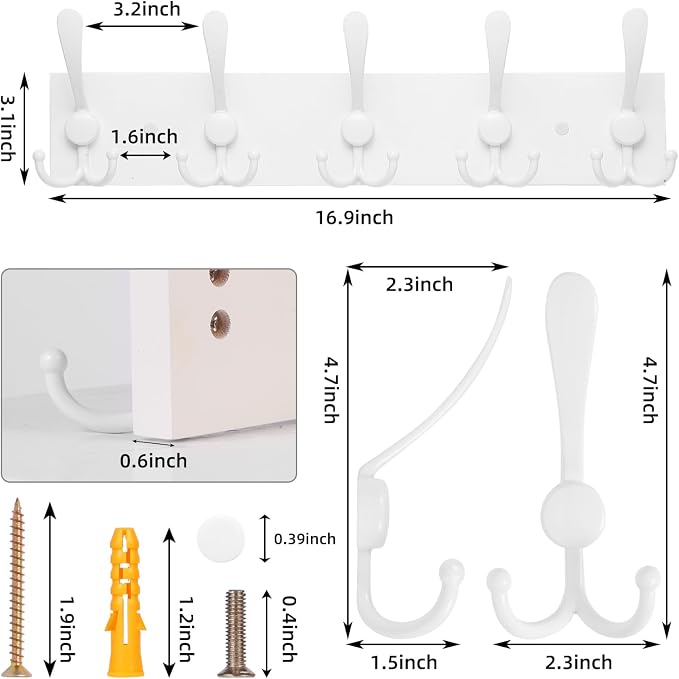 Kuhome Coat Rack Wall Mount Coat Hooks Wooden Hat Rack for Wall Hooks Pine Real Wood Plank 16.9" White Coat Hanger with 5 White Triple Hooks for Hanging Coat Hat Jacket