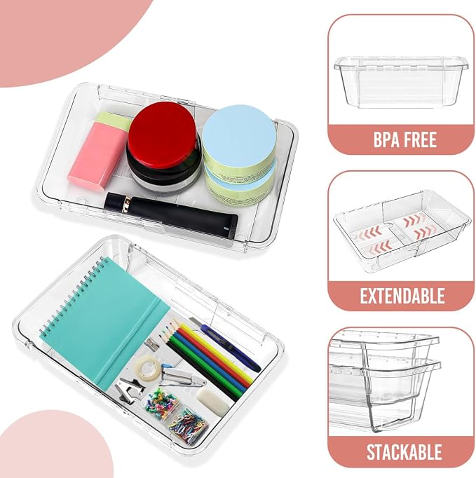 IAMGlobal 25PCS Expandable Drawer Organizer, 3-Size Adjustable Storage Bins | Acrylic, Clear, Transparent, Stackable, Expanding, No Assembly Required, Easy to Clean, for Makeup, Bathroom, Kitchen, Office
