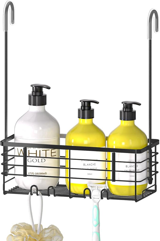 DELLAN Hanging Shower Rack, Shower Organizer Hanging for Bathroom, Black | Shower Rack with Hooks Over the Door, Bathroom Shower Caddy and Basket