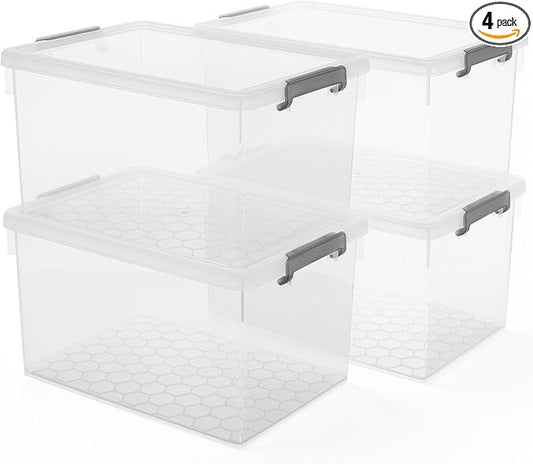 Citylife 48 Qt Ultra-Thick (3.82mm) Clear Plastic Storage Bins with Lids, 4-Pack Stackable Straight-Wall Closet Organizers with Honeycomb Base & Pinch-Free Latches for Garage, Clothes & Holiday Decor