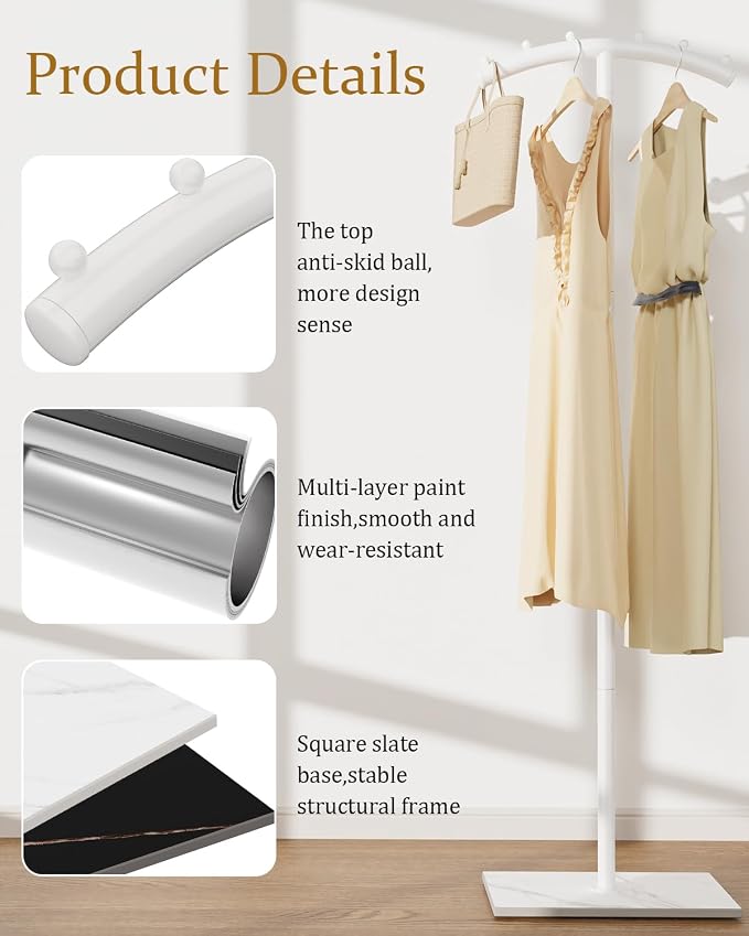 Freestanding Metal Clothes Rack with Natural Rock Base,68.9in,White | T-shaped Coat Hangers with Anti Slip Knots,Easy to Clean Garment Racks for Home,Durable Clothing Trees for Office
