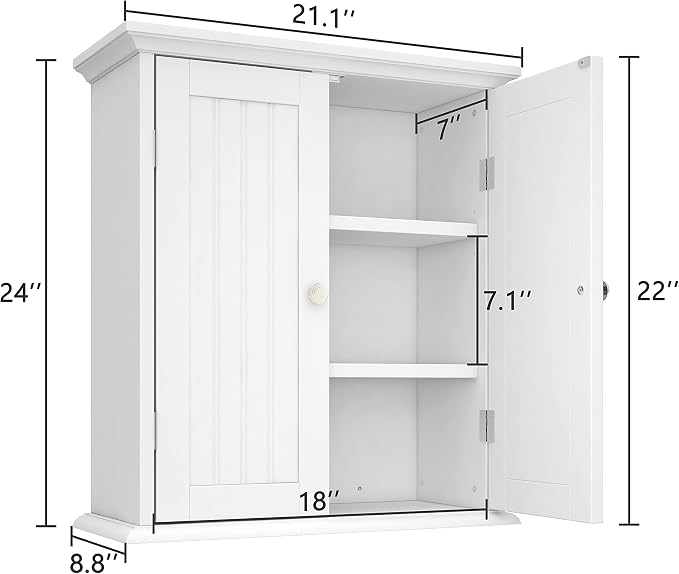 ChooChoo Bathroom Wall Cabinet with 2 Doors, Over The Toilet | 8.8"D x 21.1"W x 24"H, Medicine Cabinet, Adjustable Shelves, Cupboard, White