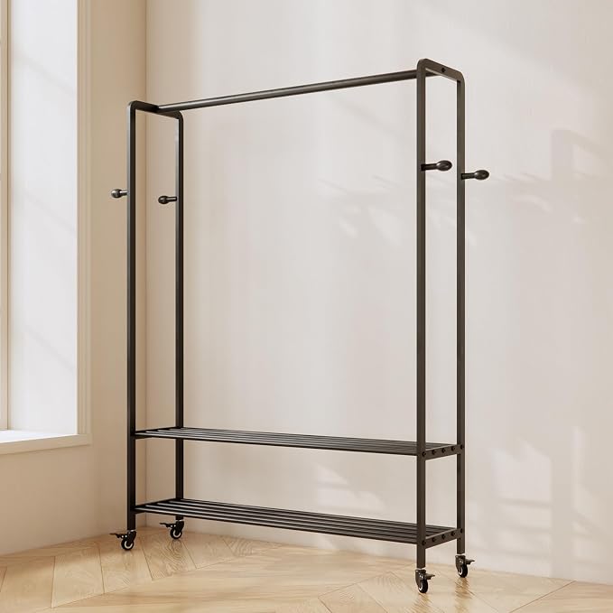 Black Rolling Garment Rack with Shelves and Hooks,Freestanding Metal Clothing Rack with Wheels,Modern Clothes Hanging Rack for Bedroom,Closet,Boutique Display