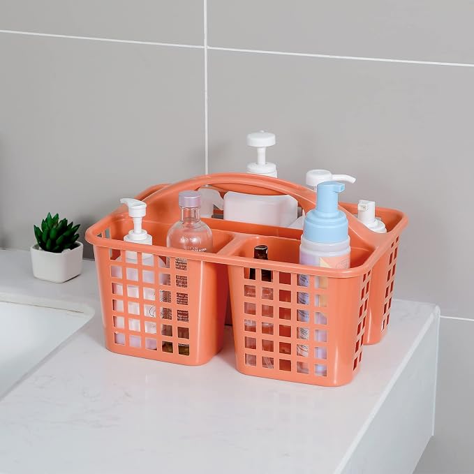 Portable Shower Caddy Basket Plastic Storage Basket with Compartment Orange | Sturdy Large Capacity Cleaning Supplies Organizer Divided Tool Bin for Bathroom Kitchen Bedroom College Dorm Essentials