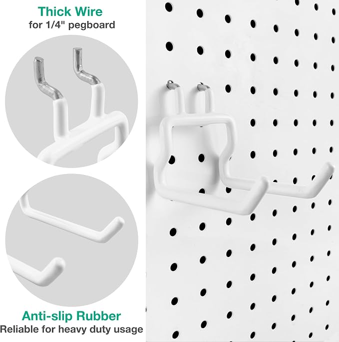 Pegboard Hooks, 8 Pack Peg Board Tool Utility Hooks & Hangers (White) | 1/4" Pegboard Accessories Organizers, Heavy Duty Peg Board Big Tool Hooks, Shelving Hangers for Craft Garage Workbench Office