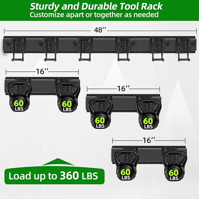 PIYILO 48 in Garage Tool Organizer Wall Mount, Adjustable Tool Storage Rack | Heavy-duty 360 LBS, Double-Layer Hooks, Wear & Tear Resistant, Soft Anti-Scratch Hook Sleeves, For Yard Tools, Shovels, Shed