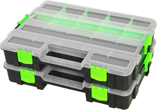 Jack Boss Tool Box with Transparent Lid, Single Side 17-Compartments Organizer Box with Removable Dividers for Hardware, Screws, Bolts, Nails, Beads, Jewelry and Fishing Accessories, Green, 2 Pack