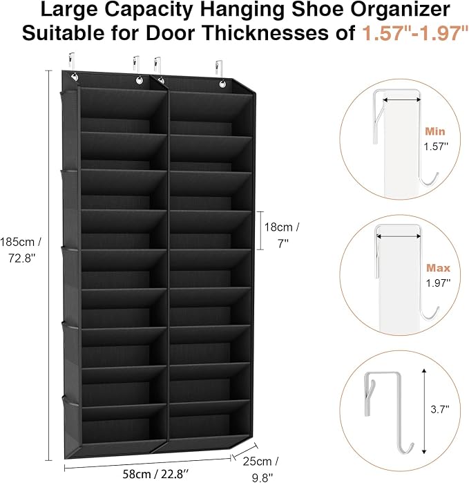 LANTEFUL Over the Door Shoe Organizer, Hanging Shoe Rack for Closet Door Shoe Storage for 30 Pairs Sneaker and Boots, Large Shoe Holder for Door with 10 Side Pockets, Space Saving, Black
