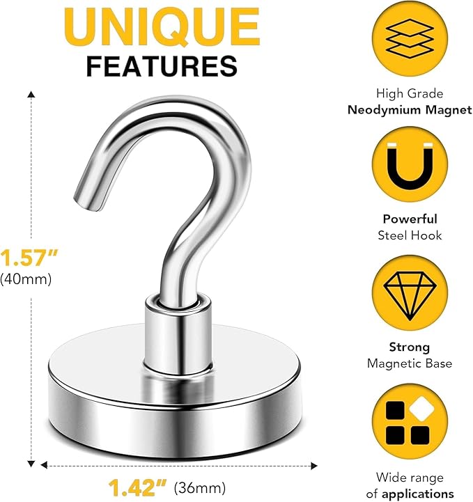 DIYMAG Magnetic Hooks 10pcs 170lbs Cruise Essentials 2026 Magnet Hook | Neodymium Heavy Duty Strong Magnets Hanging Ship Cabins Refrigerator Fridge Classroom Beach Vacation Kitchen Grills Home Tool