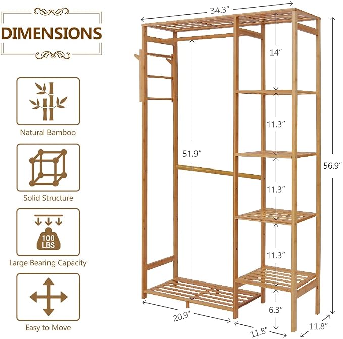 Ufine Bamboo Garment Rack with 6 Tier Storage Shelves & Hanging Rod | Heavy Duty Clothes Hanging Stand with Side Hooks, Portable Wardrobe Closet Organizer