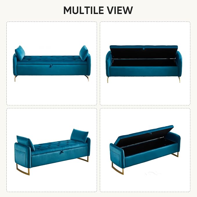 65" Storage Bench for Bedroom, Velvet End of Bed Bench, King Size Bed Benches for Foot with Tufted Button and Gold Legs, Upholstered Window Ottoman Benches with Armrests, Vintage Green