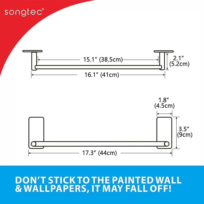 Songtec Adhesive Towel Bar Black 16-Inch, Stick On Bath Towel Rack No Drill, Strong Adhesion Tape Mount Towel Holder, Stainless Steel - Black