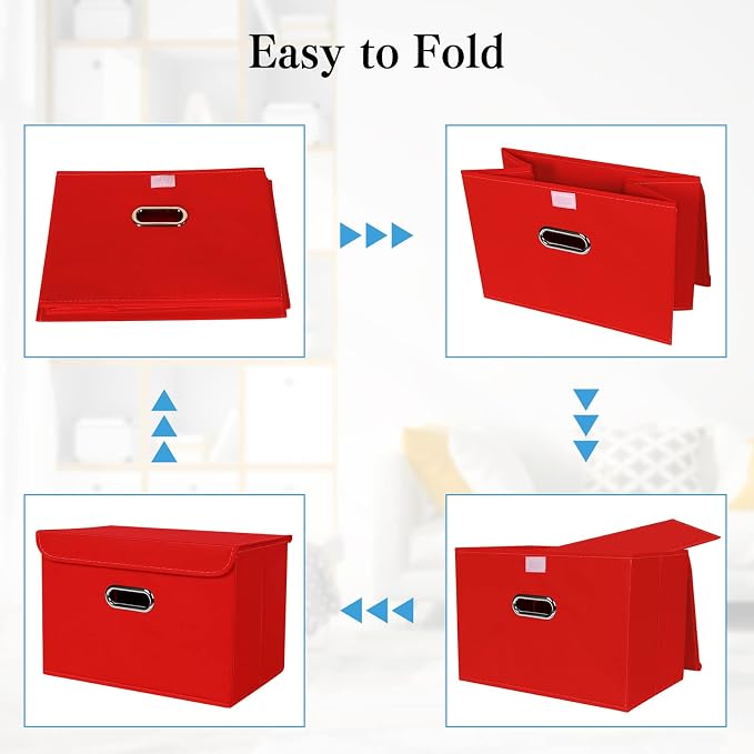 STOREONE Fabric Storage Cube Bins Foldable Organizer Container Collapsible Basket with Lids and Metal Handles, for Home, Bedroom, Closet 3 Pcs (Red)