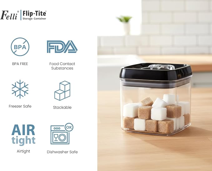 Felli Flip Tite Food Storage Container 5" LARGE Size Airtight Lid Lock Top, Stackable Kitchen Canister for Space Saving, Pantry Fridge Cupboard Organizer, Spice Seasoning Pet Treats Snack (1.1 qt)