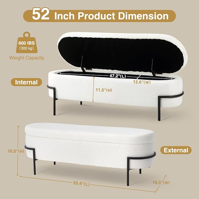 FiveWillowise 52 Inch Sherpa Storage Ottoman Bench,End of Bed Bench | Upholstered Boucle Storage Bench with Storage,Metal Stand and Hinges,Oval Ottomans for Living Room,Bedroom,White