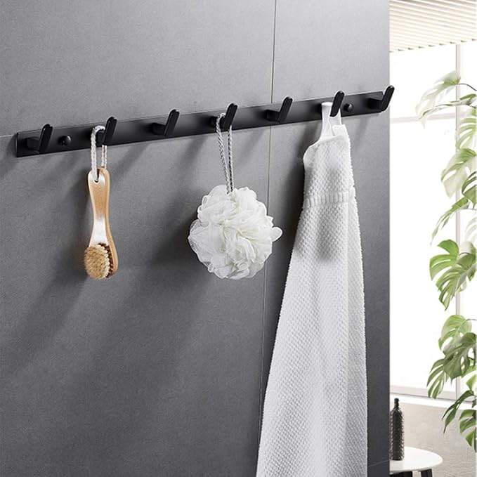 Wall Mounted Coat Rack, 7 Hooks, 25.7"x1.3", Modern, Black | Space Aluminum, Rustproof, for Hallway, Entryway, Hanging Holder for Clothes, Towel, Backpack, 40 lbs Capacity, Easy Install