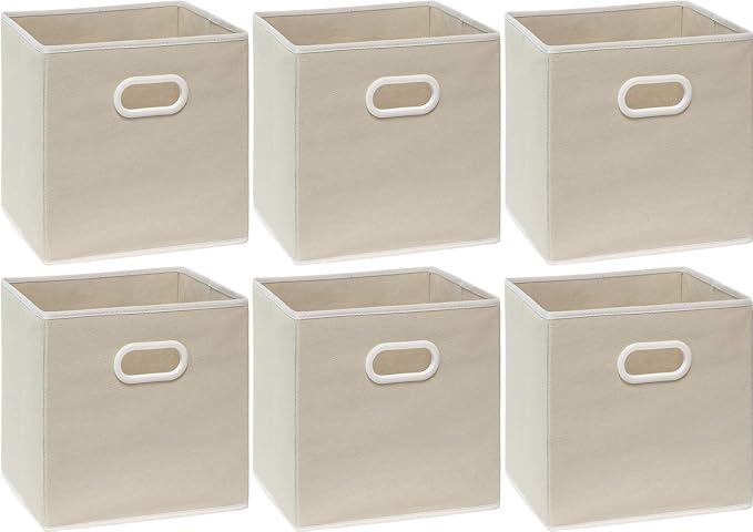 Simple Houseware 11-Inch Foldable Cube Storage Bins with Handles, Beige | 6-Pack Lightweight & Durable Structure Fabric Cubes Organizer for Closet or Shelves
