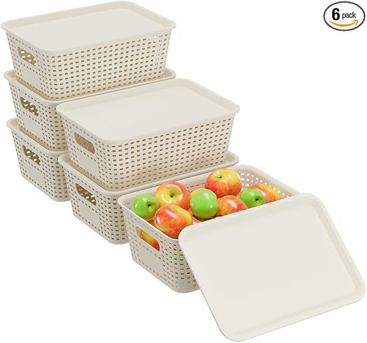 Resze 6 Pack Plastic Breathable Storage Baskets with Lids, White | Organizer Bins& Containers for Pantry, Desktops, Cabinet, Closet, Offices Organization Toys, Space Saving, Easy-Carry Handles