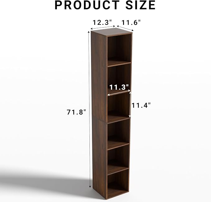 6 Cube Storage Organizer, Narrow Open Shelf Bookcase, Freestanding 6 Tier Low Display Bookshelf for Home Office, Living Room, Bedroom, Dark Brown & Black Walnut