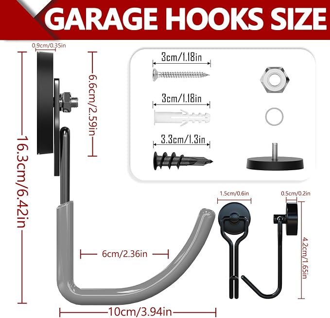 3-H Heavy Duty Magnetic Hooks, Large Magnet Hooks,4 Pack Gray | No-Drill Tool Holder for Garage,Power Drill,Garden Tools,Hose Storage