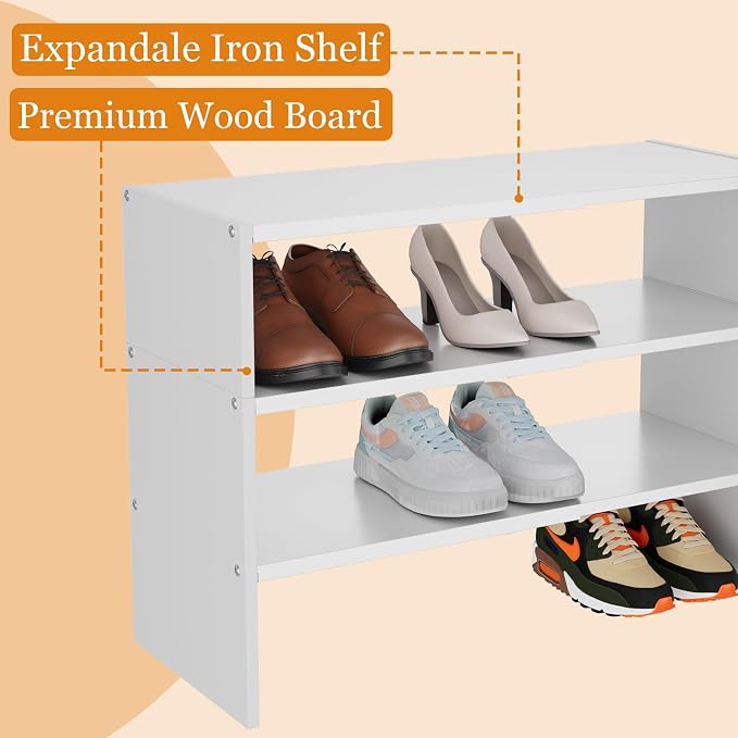 3-Tier Expandable White Shoe Rack Organizer for Closet, Stackable Shoe Racks Storage Shelf, Small Metal Wood Combination Shoe Shelves for Closets,Entryway,Front Door, Narrow Space,Hallway,8-16 Pairs