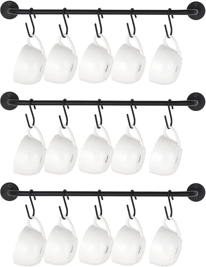 Mkono Mug Holder Wall Mounted Coffee Cup Rack Hanger Modern Metal Wall Rack with 15 Mug Hooks Rustic Utensil Tea Cups Storage Organizer for Kitchen Dining Room Coffee Bar, Set of 3, Black | Kitchen Rod, Space Saving, Easy Assembly, Wall & Under Cabinet...