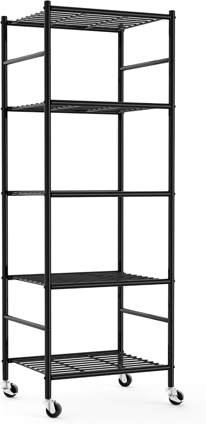 Sakugi 5-Tier Storage Shelves 18.1x12.6x58.7 Black with Wheels | Kitchen, Closet, Pantry, Garage, Heavy Duty, Adjustable Feet, Metal Construction