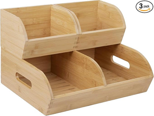 Potato and Onion Storage Bin for Pantry and Kitchen Counter - Ventilated Stackable Bamboo Organizer Baskets with Handles