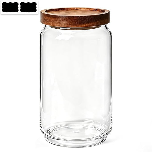 ComSaf Glass Jar with Acacia Wood Lid 34oz 1Pack, Food Storage Container | 1.1Qt Canister, Oats Coffee Sugar Pasta Candy Cookies Nut, Kitchen Pantry, Decorative, Countertop Display, Food-Grade, Label