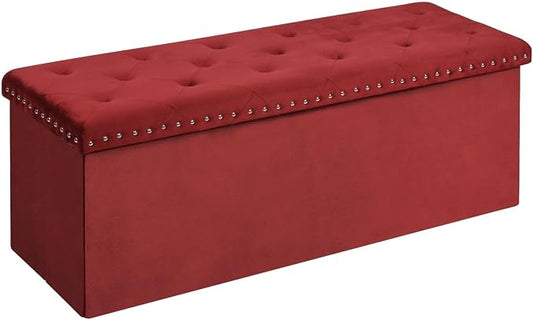 B FSOBEIIALEO Luxury Velvet Fabric Storage Ottoman Bench, Extra Large 140L Toy Chest Storage Boxes Footrest Bench for Bedroom, 43 Inches Red