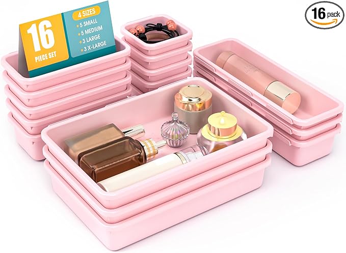 16 PCS Drawer Organizer Set, 4 Size Makeup Drawer Divider Organizer With Non-Slip Pads, Interlocking Plastic Storage Bins for Office,Jewelry Vanity,Gadgets, Bathroom,Kitchen, Pink