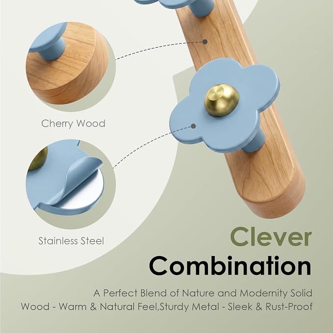Tindbea Upgreded Heavy Duty Coat Rack Wall Mount for Entryway, Kids' Room | Cheery Wood, Blue, 5 Hooks