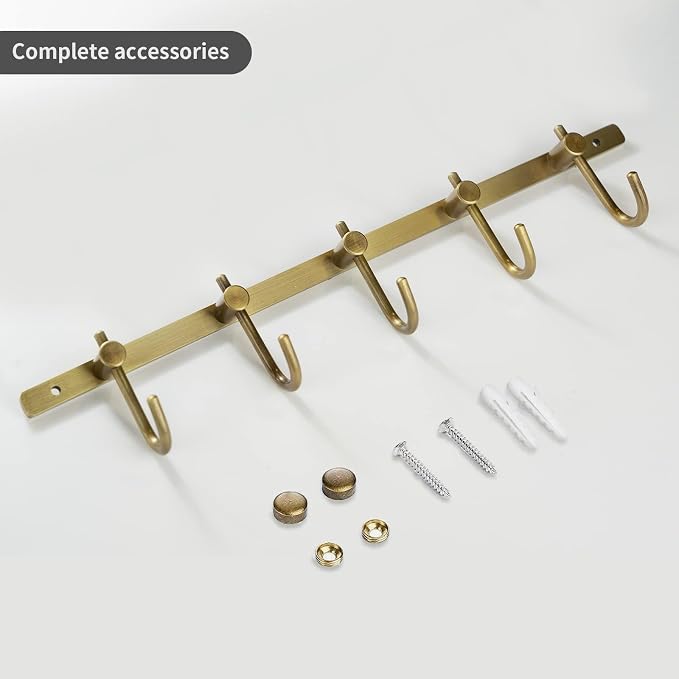 WINCASE Antique Brass Towel Hook, Brushed Brass Wall Hook Rail, 5 Hooks Antique Coat Hook Rail Hanger Bathroom Robe Hooks Rack Wall Mounted
