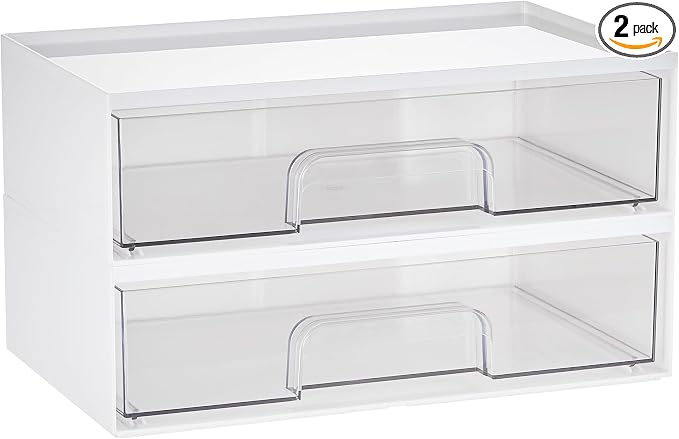 Vtopmart 2 Pack Clear Stackable Storage Drawers,12.1''W Plastic Organizers Bins for Beauty Supplies, Ideal for Vanity, Bathroom, Cabinet, Room Organization, White
