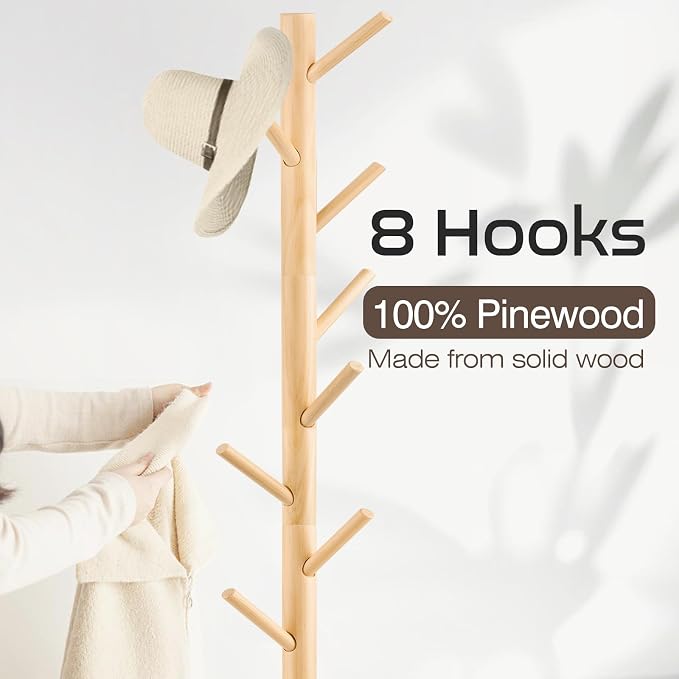 WANGMUXIA 2 PCS Coat Rack, Freestanding Coat Rack with 8 Hooks and 3 Adjustable Size Tree Coat Racks for Bedroom, Hallway, Entrance, Office, for Hats, Coats, Scarves, Handbags