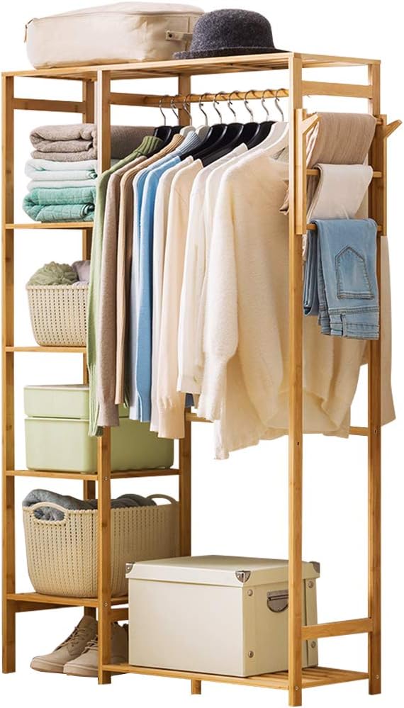 Ufine Bamboo Garment Rack with 6 Tier Storage Shelves & Hanging Rod | Heavy Duty Clothes Hanging Stand with Side Hooks, Portable Wardrobe Closet Organizer