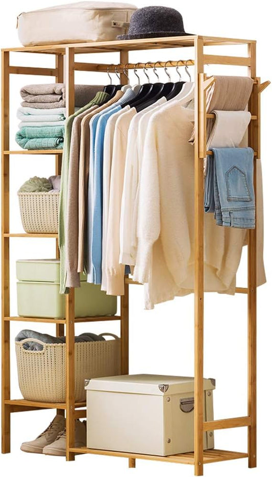 Ufine Bamboo Garment Rack with 6 Tier Storage Shelves & Hanging Rod | Heavy Duty Clothes Hanging Stand with Side Hooks, Portable Wardrobe Closet Organizer