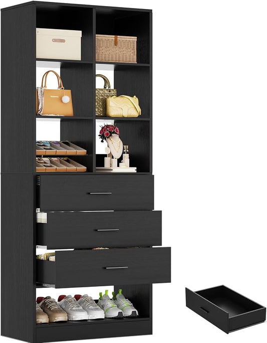 Homieasy Closet System Organizer with 3 Drawers and Partition Storage, Freestanding Wardrobe Organizer Modular with Shoe Shelf, Expandable for Walk-in or Reach-in Closets, Black