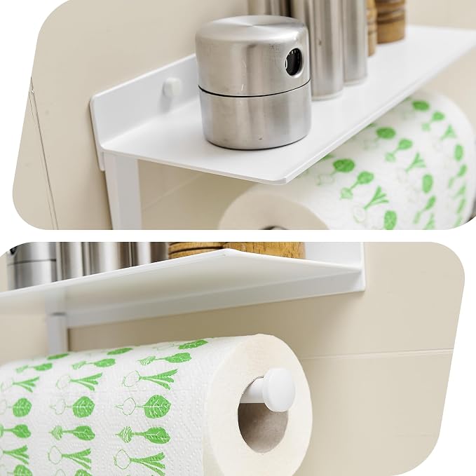 Paper Towel Holder Wall Mount for Bathroom Hand Towel Holder for Bathroom Black Paper Towel Holder with Shelf (White)