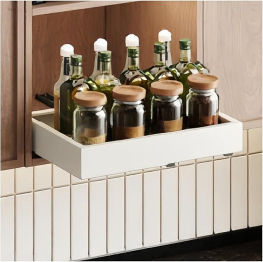 Fokyfok Pull out Cabinet Organizer,Width (11"-18") and Depth (10"-13") Expandable,No Drill Adjustable Slide out Drawers for Pantry,Adhesive Roll out Shelves Short,for upper cabinet,White