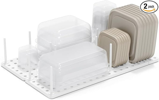 Peggy Kitchen Drawer Cupboard Organizer Tray - Adjustable Storage System For Food Containers, Cookware, Serveware, Utensils and More, White | Non-slip feet, fits cabinets or shelves, quick assembly, 32 pegs included, impact-resistant plastic