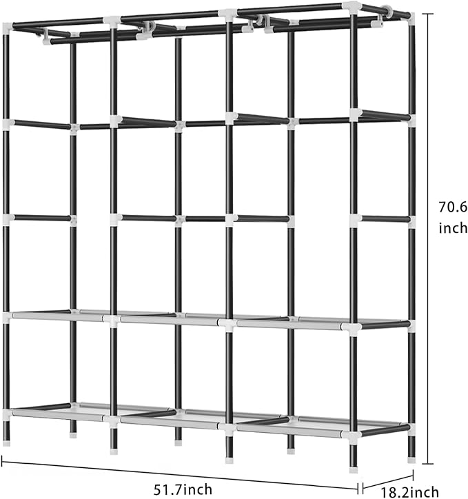 LOKEME Wardrobe Closet,Steel Pipe Diameter 19mm,Portable Closet for Bedroom | Strong and Sturdy Portable Closets for Hanging Clothes with 3 Hanging rods, 6 Storage Shelves and Side Pockets
