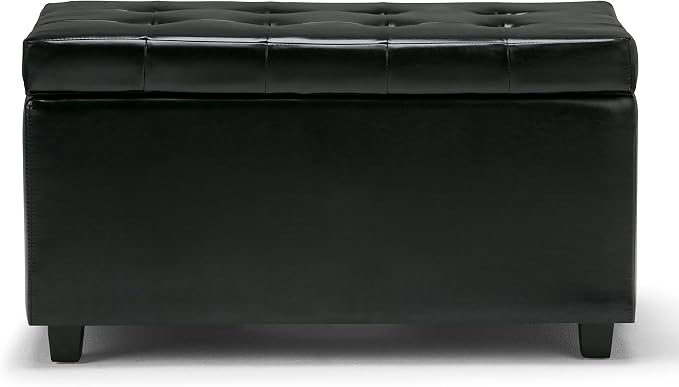 SIMPLIHOME Dover 36" Wide Vegan Leather Storage Ottoman in Distressed Brown | Midnight black, transitional storage ottoman with tufting and lift-up lid; rectangle storage bench for living room.