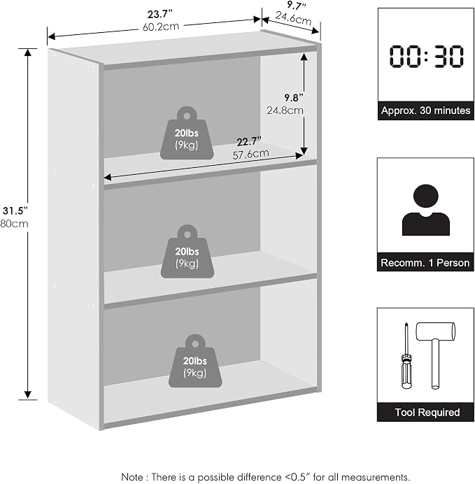 Furinno Reed Closet Organizers and Storage, 3-Tier Reversible Closet Shelves, Closet Organization Shelf, 9.7 x 23.7 x 31.5, for Bedroom, Closet, Plain White