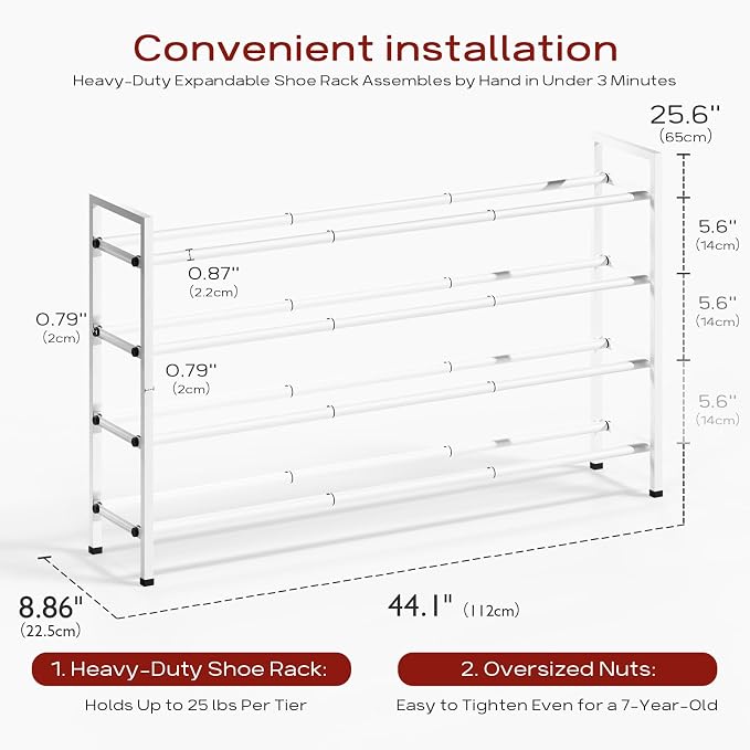 Bumusty 4 Tier Long Expandable Shoe Rack for Closet, White | 18"-44" Adjustable Shoe Rack for Entryway, Shoe Organizer for Dorm, Front Door, Sturdy Metal