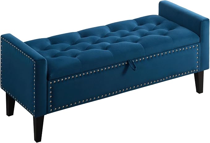 47in Velvet Storage Ottoman Bench with Arms, Upholstered Storage Bench with Wooden Legs, Storage Bench for Bedroom, Living Room, Entryway, Dark Blue