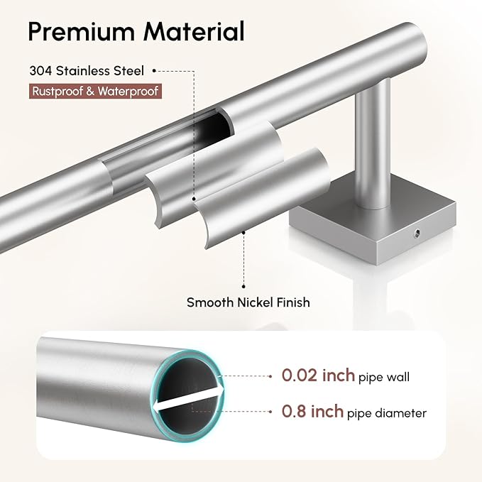 Brushed Nickel Hand Towel Bar, 9 Inch Towel Racks for Bathroom | Thicken 304 Stainless Steel Towel Holder with Square Base, Towel Rod Wall Mounted, Modern Home Decor (Total Length 11 Inch)