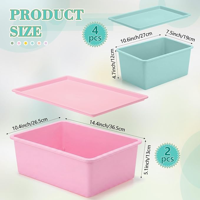 6 Pcs Plastic Storage Bins with Lids Stackable Storage Containers Durable Box Baskets for Organizing Shelves Playroom Classroom Office (Macaron Color,Large and Small)