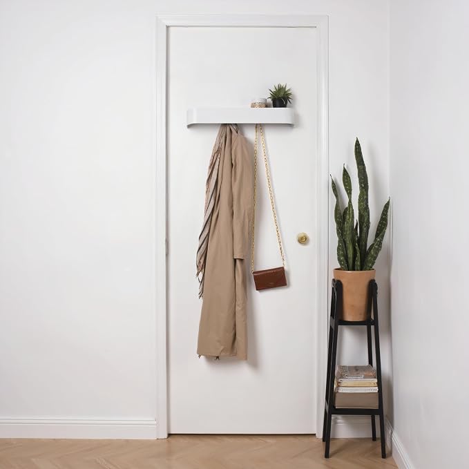 Modern Wall-Mounted Coat Rack with Shelf – Heavy-Duty Steel, 5 Sturdy Hooks, Powder-Coated Finish, Space-Saving Entryway Organizer with Mounting Hardware – Sleek & Minimalist Design (White)